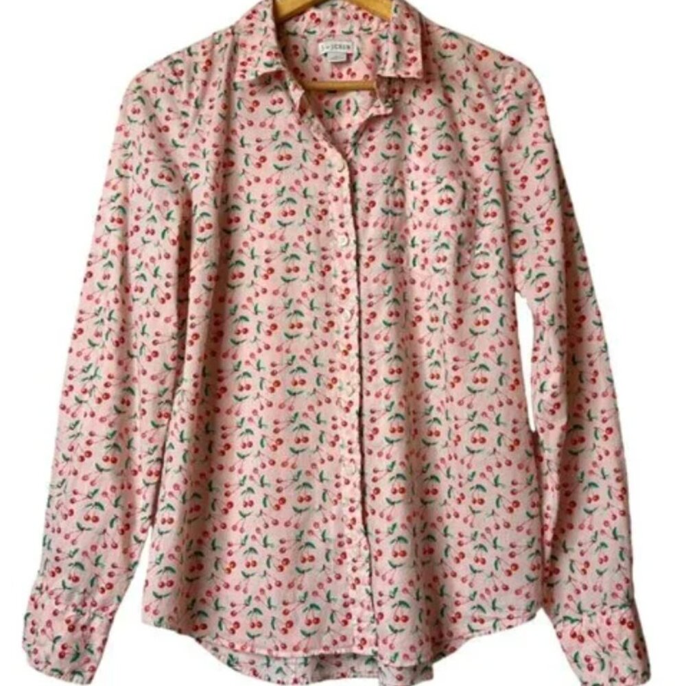 J by J Crew Women's Pink Cherry Print 100% Cotton Shirt, XL